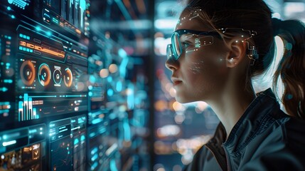 A woman interacts with futuristic augmented reality interfaces against a backdrop of digital screens and data visualization graphics. 