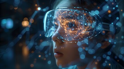 A person wearing futuristic augmented reality glasses with glowing digital graphics overlaying their field of vision. 