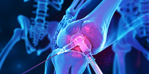 A Digital Anatomy Illustration of a Knee Joint Receiving a Medical Injection