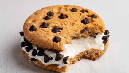 Chipwich style vanilla ice cream cookie sandwich between two chocolate chip cookies and then rolled in chocolate chips, isolated on white background