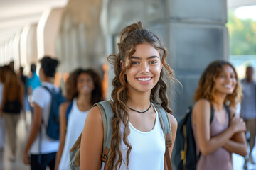 Fototapeta premium Schoolgirl portrait with backpack, smiling and ready for study. Young female in school with other students in background