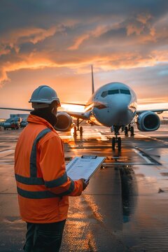 Air traffic control ground crew clipboard next to airplane
