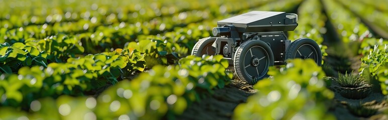 Autonomous driverless small tractor working in vegetable farm, Future 5G technology with smart agriculture farming concept. AI generated illustration