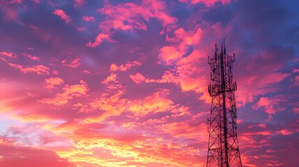 A tall telecommunications tower set against a vibrant backdrop of a sunset or sunrise. The sky is painted in hues of pink, purple, and orange, with scattered clouds illuminated by the golden rays