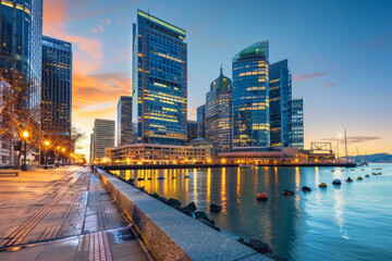 Fototapeta premium The seafront of a large city with large buildings in the evening from the pier 