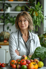 Female doctor in white coat with fruits and vegetables at desk for health concept