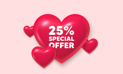 3d hearts love banner. 25 percent discount offer tag. Sale price promo sign. Special offer symbol. Discount message. Banner with 3d heart icon. Love Valentin template. Vector