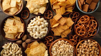 Assorted snacks pretzels crackers chips nuts and nachos