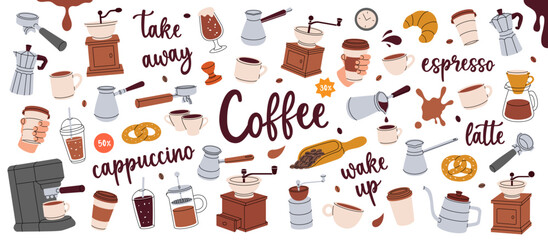Coffee set. Hand drawn elements for cafe menu, coffee shop. Beans, drinks, cups, pot, package, grinder, filter, machine, portafilter, kettle.