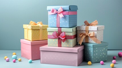 Obraz premium Stack of gift boxes on the table.