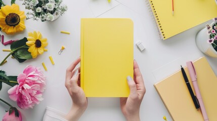 Seeking fresh ideas strategies and plans Woman s hands holding a yellow notebook in a workspace mockup with office supplies and flowers on a white background