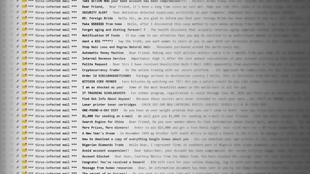 Browsing an email inbox full of messages containing viruses. Front shot, linear scroll down motion. This mock-up is entirely original, with every element created by me.
