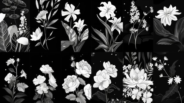 Assortment of diverse monochrome floral graphics