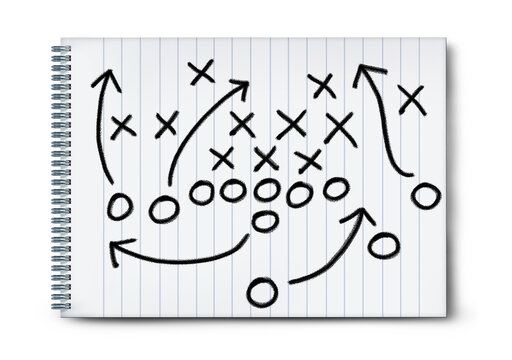 Playbooks and playbook strategy concept as a game plan drawn on a paper pad representing business planning or life plan to succeed as a blueprint for success