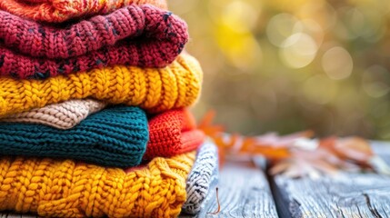 Autumn colored folded sweaters pile of laundry on wooden table