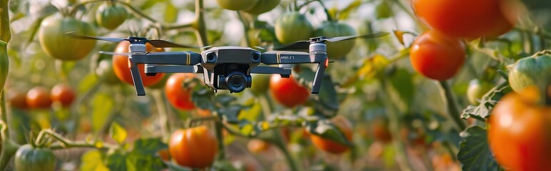 Mini drone flying in a greenhouse with tomato crop. AI generated illustration