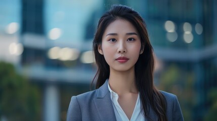 Obraz premium A young attractive Asian businesswoman standing outside