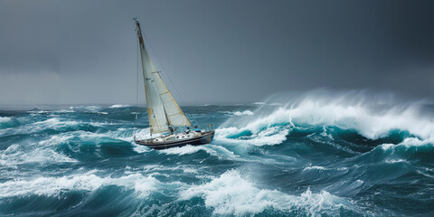 Sailboat navigating rough seas during a storm