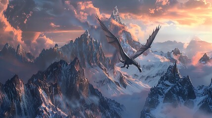 A majestic dragon flying over a mountain range under a twilight sky.
