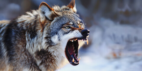 Obraz premium A wolfs furious howl in the snowy wilderness