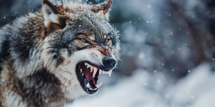 Close-up portrait of a growling wolf in the snow