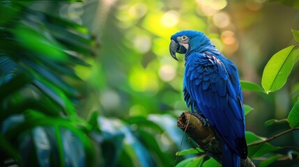 The blue parrot sits regally on its branch, a splash of color against the tapestry of green leaves
