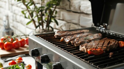 Modern electric grill with tasty steaks and tomatoes on table