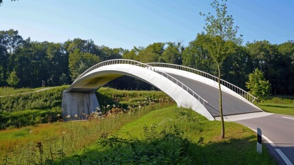 Obraz premium The bridge smooth, curved lines contrast beautifully against the straight paths of the road it crosses