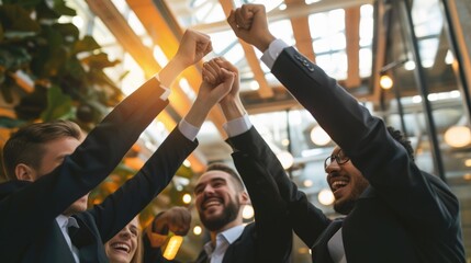 Professional diverse business team celebrating about successful start up project. Group of happy multicultural business people congratulate for increasing sales for modern office. Cooperate. AIG42.