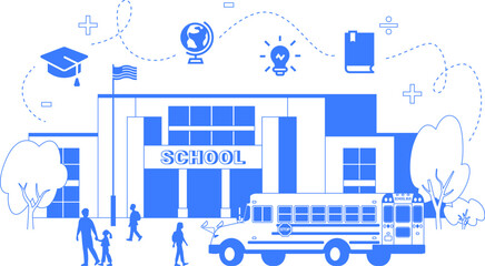 Flat vector illustration of school building, bus and children. One color line art education infographic with icons isolated on white background. American educational facilities and services concept.