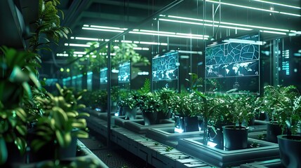 Rows of tomato plants growing inside big industrial greenhouse. Industrial agriculture. AI generated illustration