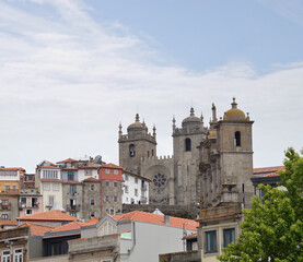 View of the city of Porto with typical old buildings and Sé do Porto cathedral, Portugal