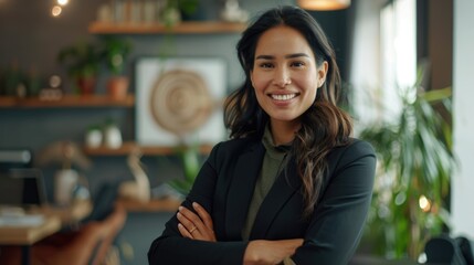Happy smiling Latin American businesswoman standing in office with arms crossed looking at camera