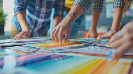 Fototapeta premium Hands of female designer in office working with colour samples. Woman at workplace choosing colourful paper charts.