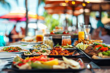 Beachside dining setup featuring a variety of food platters under a shaded canopy
