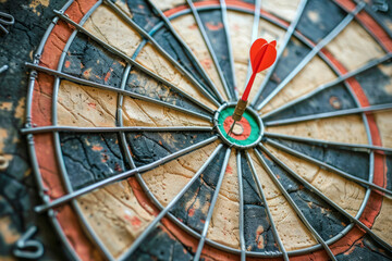 Dart hitting the bullseye on a dartboard. Business target or goal success, winner concept