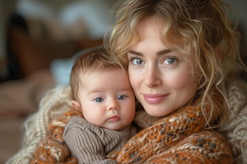 Mother and Baby Smiling Together in Knitted Sweaters