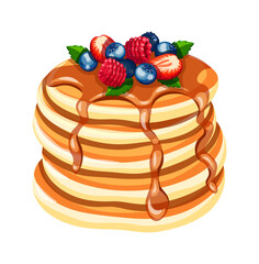 Pancakes covered with chocolate, berries, mint leaves isolated on a white background. Vector illustration of delicious pancakes with raspberries, blueberries,  strawberries in cartoon style.