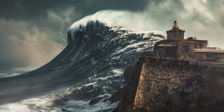 Massive wave crashing near lighthouse in nazare, portugal