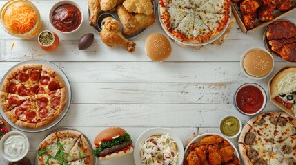 Football themed food border on white wood background.