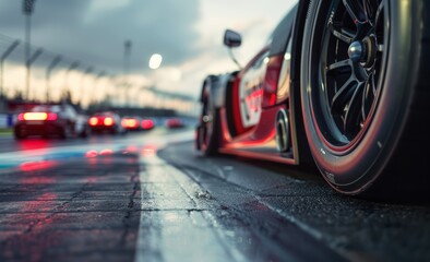 Obraz premium Race Car Close-Up, Wheels Track, Low Angle Speed, Motion Competition High Performance, Asphalt Racing, Dynamic