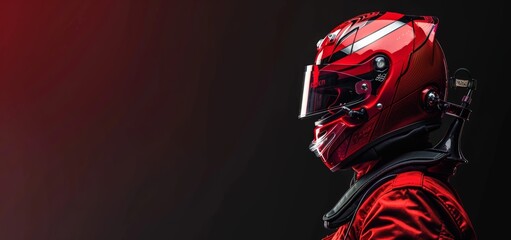 Race Car Driver Helmet Racing Suit Red Gear, Intense Look, Professional Racer on Dark Background, Copy Space