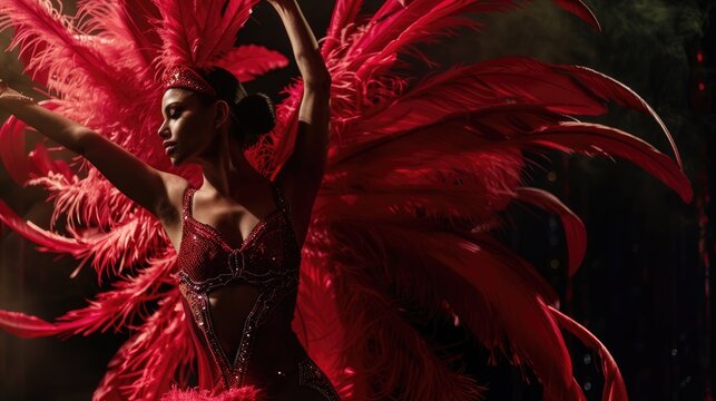 Young attractive brasil dancer in red feather costume is dancing at small dark studio.