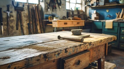 Close up image of a woodwork table in an art studio
