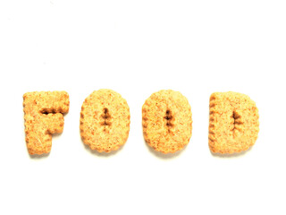 Ward food with letters made from cookie on white background.