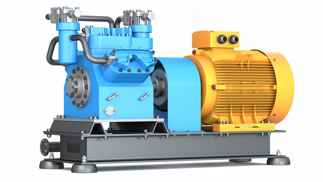 High pressure gas or air reciprocating compressor on white background. 3d illustration