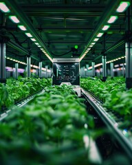 Rows of tomato plants growing inside big industrial greenhouse. Industrial agriculture. AI generated illustration