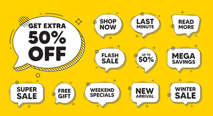 Offer speech bubble icons. Get Extra 50 percent off Sale. Discount offer price sign. Special offer symbol. Save 50 percentages. Extra discount chat offer. Speech bubble discount banner. Vector