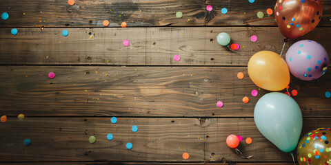 Colorful birthday balloons and confetti scattered on rustic wooden plank background