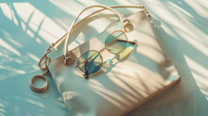 Fashionable women's handbag, paired with sunglasses and rings, set against a light backdrop